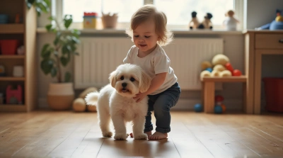 Toddler Boy Playing With Small Dog Indoors