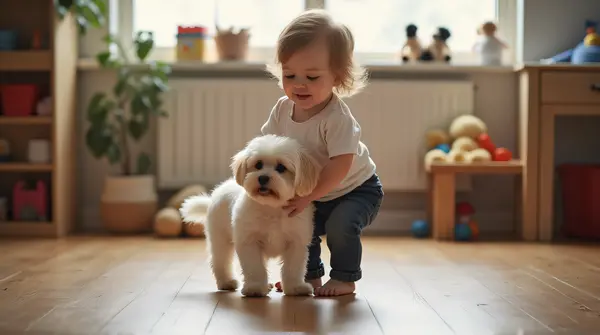 Toddler Boy Playing With Small Dog Indoors