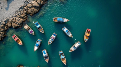 Top-Down Boats Clustered Near Coastal Shoreline