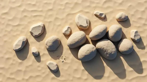 Top-down image of large irregular stone formations casting shadows on sandy ground