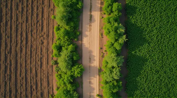 Aerial view of a narrow dirt path surrounded by green vegetation and soil patches in daylight