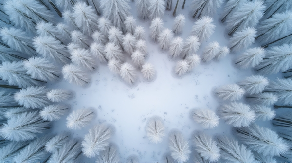 Aerial view of a frosted woodland with bare branches and winding paths through the trees.