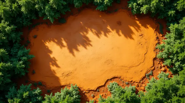 Top-down view showing lush foliage and ochre earth patches with textured, colorful terrain under bright sunlight.
