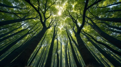 Top-Down Shot Of Tall Tree Trunks And Branches