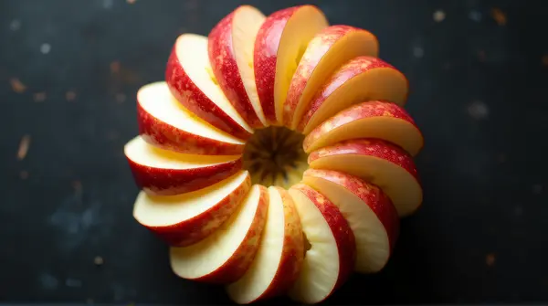 Top-down perspective of apple pieces arranged radially on a dark surface with soft shadows and highlights