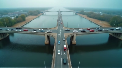 Top-Down View Cars Crossing Wide Concrete Bridge