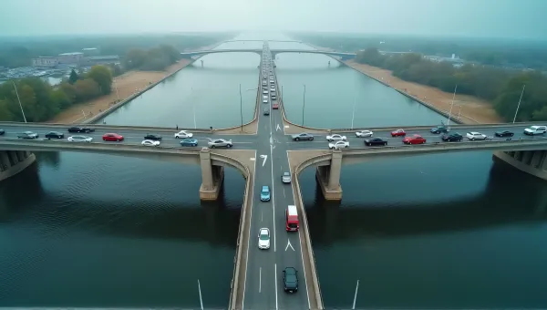 Top-Down View Cars Crossing Wide Concrete Bridge