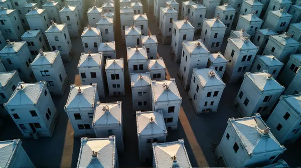 Top-Down View Of Gray Concrete Rooftops And Shadows