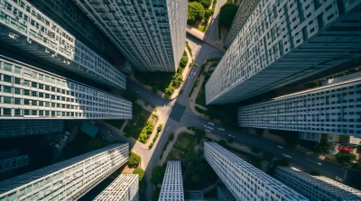 Top-Down View Of Reflective Glass Skyscrapers Cluster