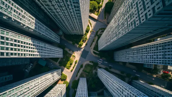 Top-Down View Of Reflective Glass Skyscrapers Cluster