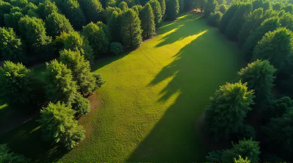 Aerial shot showing trees mixed with grassy clearings under sunlight and shadows.