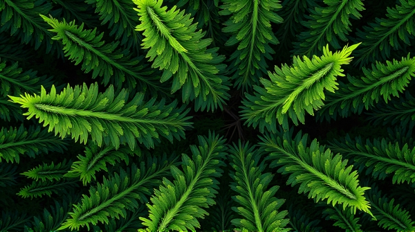 Top-down shot of green foliage with diverse leaf textures forming an organic pattern on the ground