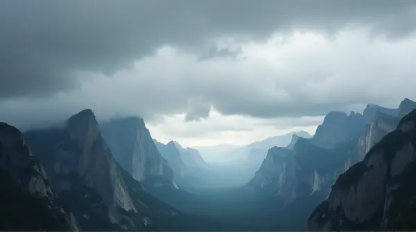Towering Cliffs Beneath Swirling Gray Sky