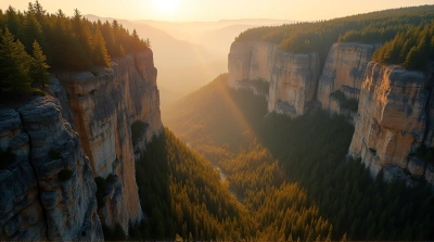 Towering Cliffs With Evergreen Trees In Amber Light