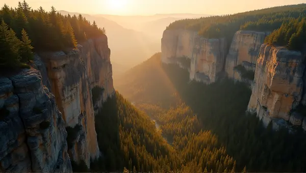 Towering Cliffs With Evergreen Trees In Amber Light