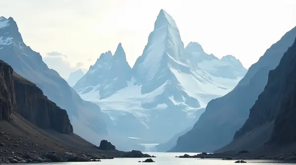Tall frost-covered summits and rugged cliffs under a soft pale sky in daylight.