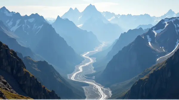 Top-down view of tall mountain peaks and deep valleys with textured slopes and shadow contrasts in soft daylight.