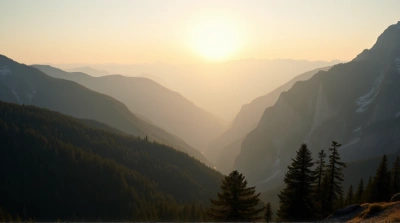Towering Mountain Range Beyond Lush Woodland