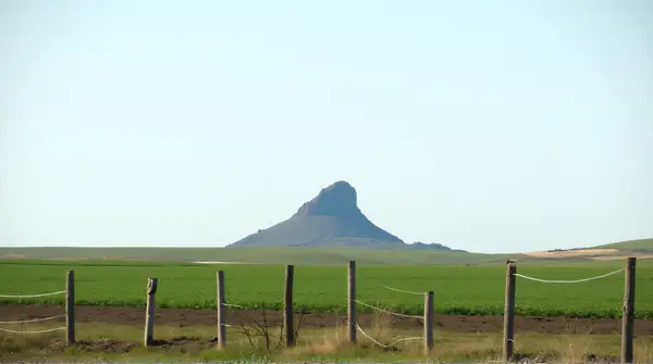 A tall peak rises behind a cultivated field bordered by old posts under a pale blue sky.