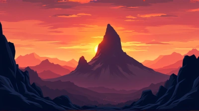 Towering Peak Silhouette Against Vibrant Sunset Sky