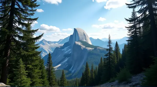 Wide-angle view of a towering peak framed by dense pine forest under a clear sky.