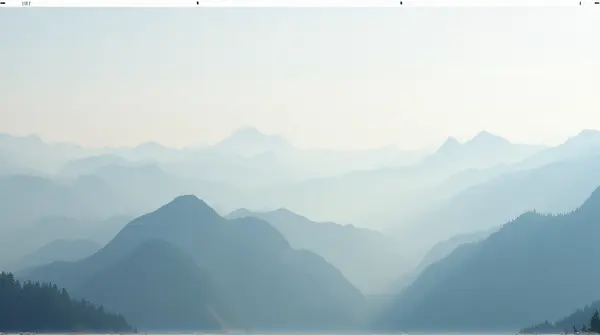 Tall peaks covered by soft white mist under pale morning sky with gentle light