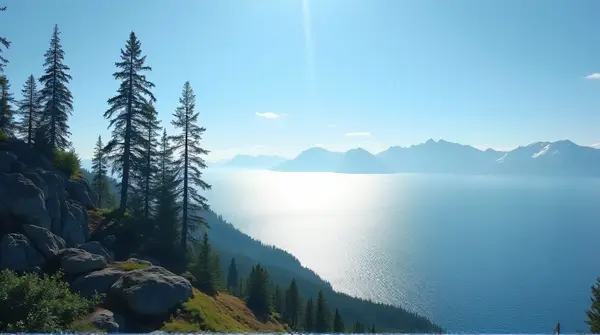 Dense cluster of tall pines beside a rugged peak under bright blue sky in daylight