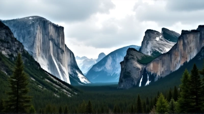 Towering Rocky Peaks Among Dense Pine Forests