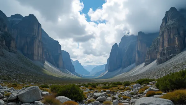 Towering Rocky Peaks Under Dynamic Sky