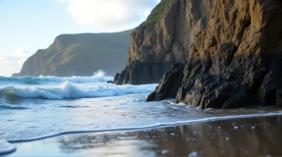 Towering Stone Pillars Along Ocean Edge With Waves