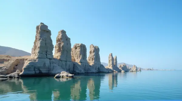 Towering Stone Pillars Beside Freshwater Expanse