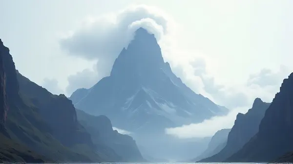 Towering Summit With Misty Vapor And Jagged Cliffs