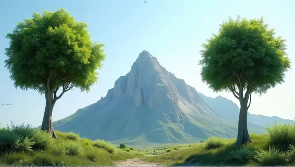 Towering Trees Near Rugged Peak Under Clear Sky