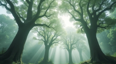 Towering Trees Shrouded in Soft Haze