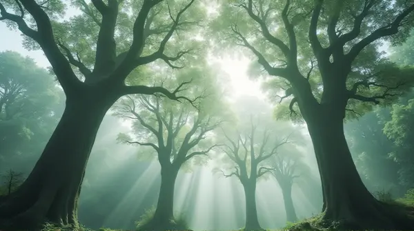 Towering Trees Shrouded in Soft Haze