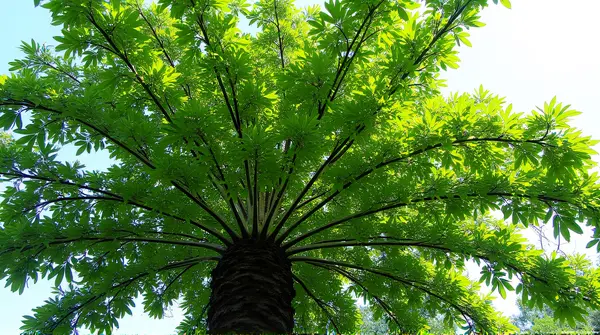 A tall tropical plant with sprawling branches and vibrant leaves against a clear sky.