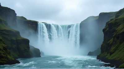 Towering Waterfall Flowing Into River With Lush Slopes