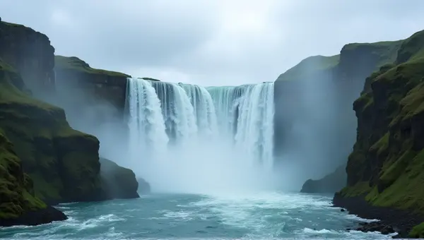 Towering Waterfall Flowing Into River With Lush Slopes