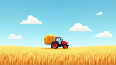 Tractor Carrying Straw Bales Under Blue Sky