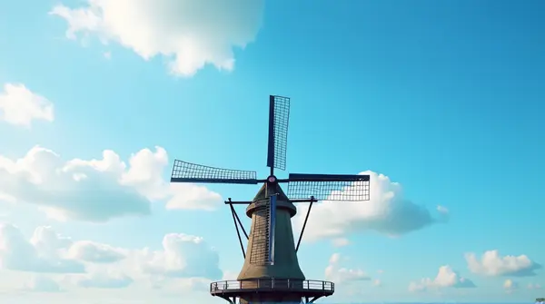 Traditional Windmill Under Clear Sky In Sunlight