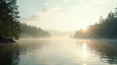 Tranquil Evergreen Forest Water Scene Morning
