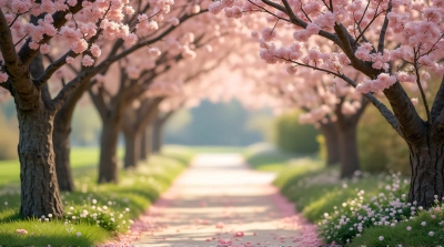 Tranquil Garden Pathway With Rosy Flowering Branches