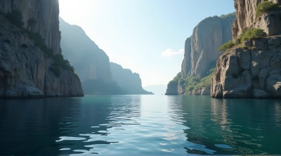 Tranquil Lake Beside Towering Stone Cliffs