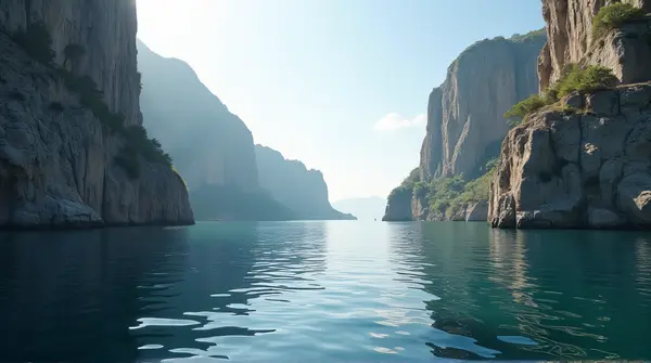 A tranquil lake with gentle ripples beside towering stone cliffs bathed in soft light and shadows.