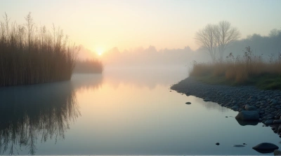 Tranquil Lake Dawn Mist Reeds Stones