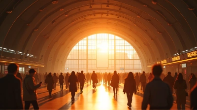 Transit Hub Entrance With Warm Rays And Travelers