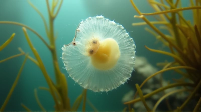Translucent Bell Creature Among Seaweed Close-Up