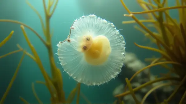 Close-up of a translucent bell-shaped creature drifting through delicate seaweed strands with soft light highlighting its texture.