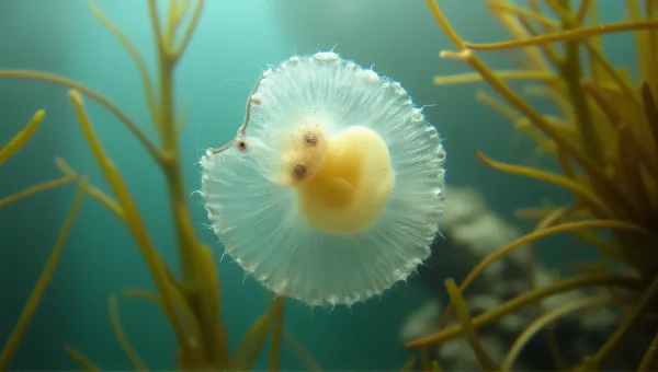 Translucent Bell Creature Among Seaweed Close-Up