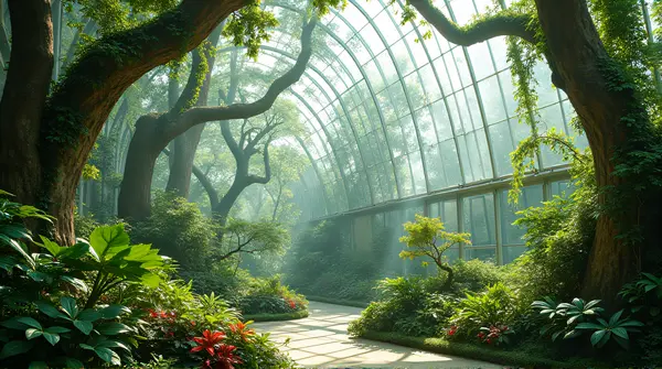 Translucent botanical structure filled with lush foliage and winding vines under dappled midday sunlight through glass panels